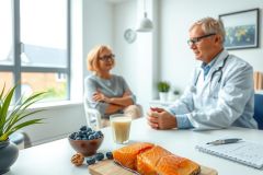 Doctor consults with a patient in a bright office setting. The scene includes a plate of salmon, blueberries, and a glass of juice, suggesting a discussion about diet or nutrition.  A healthy lifestyle theme.