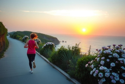 The image depicts a woman running on a paved path. The setting is coastal, with the sun just beginning to set or rise in the sky, creating a warm glow that suggests either sunrise or sunset. 