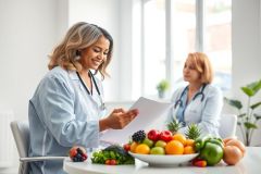 Two female doctors in light blue scrubs and stethoscopes review patient records near a table overflowing with colorful fruits and vegetables. The bright, airy room suggests a focus on nutrition and healthy living, potentially related to dietetics or wellness.