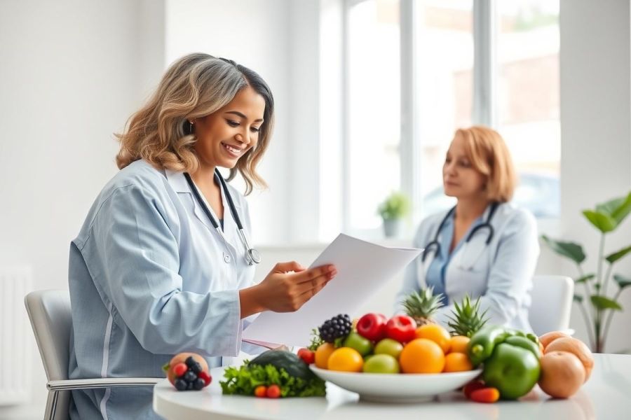 Two female doctors in light blue scrubs and stethoscopes review patient records near a table overflowing with colorful fruits and vegetables. The bright, airy room suggests a focus on nutrition and healthy living, potentially related to dietetics or wellness.