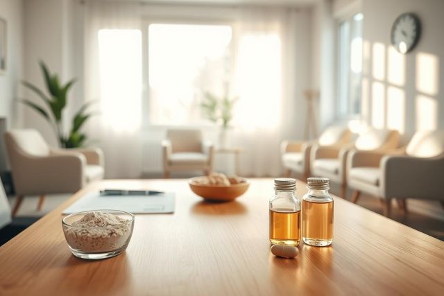 Cozy waiting room interior with natural light. Wooden table displays pills, capsules, and supplements. Soft beige armchairs and a window create a calming, healthcare environment. Focus on wellness and medical concepts.
