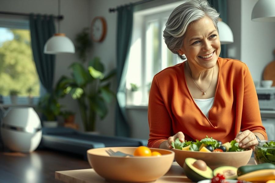 Woman preparing a healthy salad in a bright kitchen. She's adding ingredients to a bowl with a happy expression, showcasing fresh produce and a vibrant, inviting atmosphere. Focus on healthy eating and home cooking.