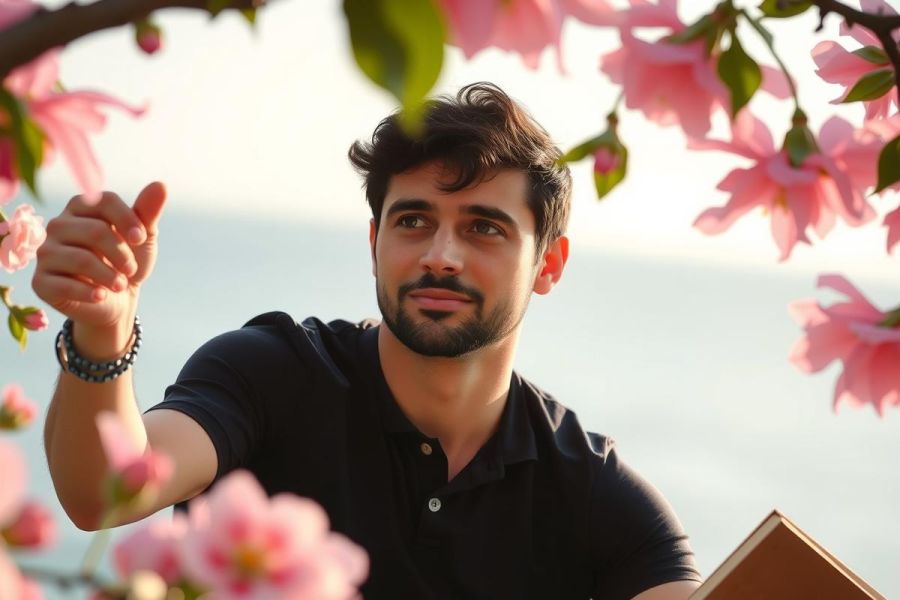 The image shows a man with a beard and mustache, looking up at the pink blossoms of a tree. He is wearing a dark shirt and appears to be pointing towards something in the distance. The environment suggests an outdoor setting during the blooming season for cherry blossoms.