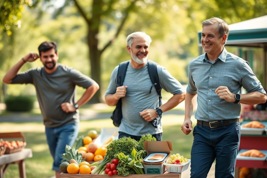 Three smiling men walk past a farmer's market stand overflowing with fresh produce like oranges, tomatoes, and leafy greens. A sunny outdoor setting with lush greenery creates a vibrant, healthy lifestyle scene. Focus on friendship, farmers market, and fresh food.