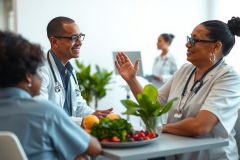 Two healthcare professionals in white coats converse with a patient at a table with fruit. The setting appears to be a medical office or clinic, suggesting a consultation or discussion about nutrition and wellness.