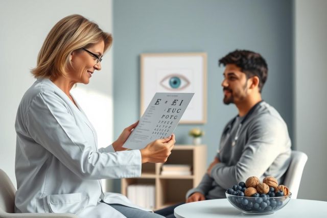 Eye exam in a modern clinic. An optometrist checks a patient's vision using an eye chart. Blue and gray tones create a professional, healthcare setting. Focus on eye care, vision testing, and patient consultation.