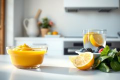 Bright citrus breakfast scene. Bowl of orange yogurt, sliced lemons, and berries on a kitchen counter. Natural light, healthy food, refreshing morning.