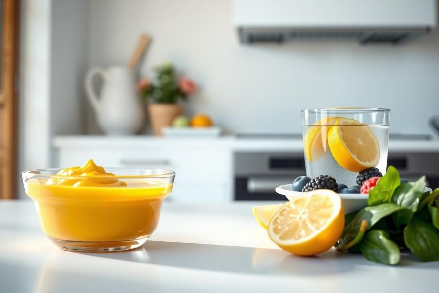 Bright citrus breakfast scene. Bowl of orange yogurt, sliced lemons, and berries on a kitchen counter. Natural light, healthy food, refreshing morning.