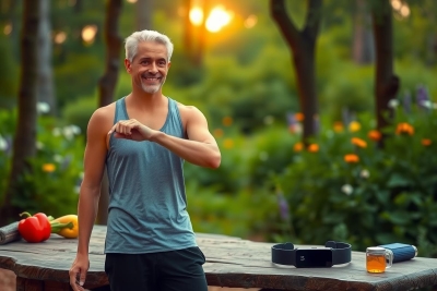 The image shows a man in a park during sunset. He is wearing athletic clothing, including a tank top and shorts, and appears to be checking his watch, possibly monitoring his exercise routine or timing an outdoor workout. There are various items on a picnic table nearby, including what looks like a bottle of water and some fruits, suggesting a healthy lifestyle focus. The environment is serene with greenery in the background, which enhances the overall relaxed yet active atmosphere of the scene.