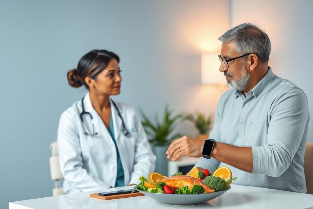 Doctor consults with a patient about healthy eating. The scene features a plate of fresh vegetables and salmon, a medical professional in a white coat, and a man checking his smartwatch in a modern, light blue office setting. Focus on nutrition, wellness, and healthcare.