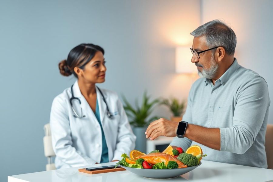 Doctor consults with a patient about healthy eating. The scene features a plate of fresh vegetables and salmon, a medical professional in a white coat, and a man checking his smartwatch in a modern, light blue office setting. Focus on nutrition, wellness, and healthcare.