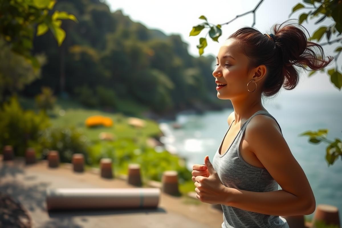 The image depicts a woman jogging near the ocean. She is wearing casual sportswear and has her hair tied back. The environment suggests she might be on a hillside or promenade overlooking the sea.
