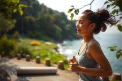 The image depicts a woman jogging near the ocean. She is wearing casual sportswear and has her hair tied back. The environment suggests she might be on a hillside or promenade overlooking the sea.