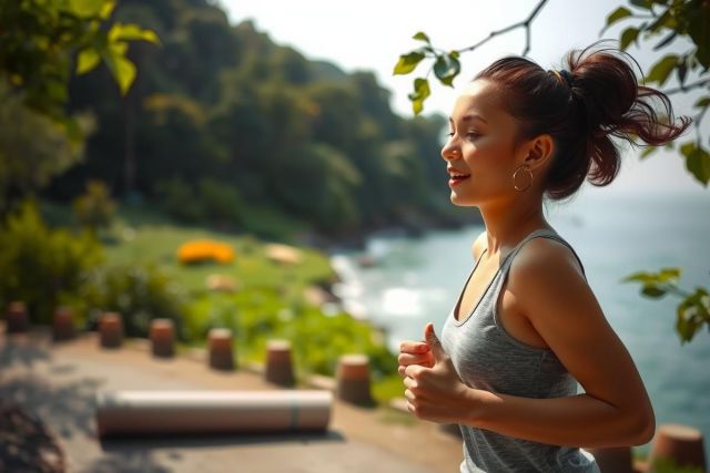 The image depicts a woman jogging near the ocean. She is wearing casual sportswear and has her hair tied back. The environment suggests she might be on a hillside or promenade overlooking the sea.