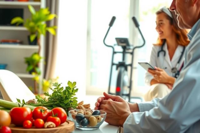 Doctor consulting patient in a brightly lit home office. Focus on healthy food and lifestyle. Medical consultation, wellness, and nutrition theme.
