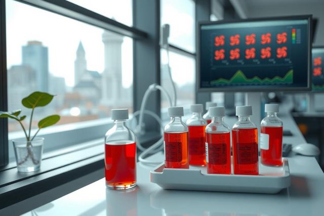 The image shows a laboratory setting with various scientific equipment and experiments. There are multiple test tubes filled with red liquid, placed on a lab bench or countertop in the foreground. In the background, there is a computer screen displaying graphs and charts, possibly monitoring data related to the experiments being conducted. The environment suggests advanced scientific research taking place.