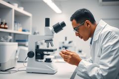 Scientist in a modern laboratory examining a sample under a microscope. The image features a man wearing a lab coat and glasses, focusing on scientific research and analysis in a clean, white environment. A focus on laboratory equipment and medical science.