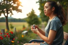 The image shows a woman sitting on a bench outdoors, possibly in a park. She appears to be enjoying the sun and the surroundings. There are flowers near her, suggesting it might be spring or summer. 