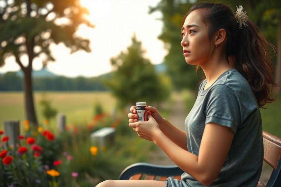 The image shows a woman sitting on a bench outdoors, possibly in a park. She appears to be enjoying the sun and the surroundings. There are flowers near her, suggesting it might be spring or summer.