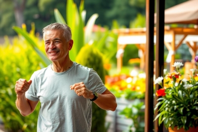 A middle-aged man with short hair is jogging outside. He's wearing a grey t-shirt and is smiling, holding his fists as if he's pumped up or feeling energetic. The environment suggests a sunny day, possibly at a local park or garden area where there are potted plants and flowers in the background.