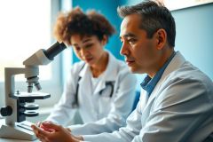 Two scientists in lab coats examine a microscope in a brightly lit laboratory. Focus on research, medical science, and a modern workspace.