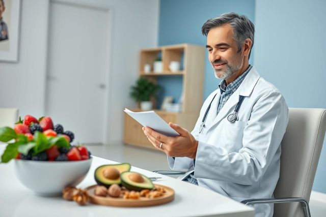Doctor reviewing patient notes in a bright, modern office. Healthy food like berries, avocado, and nuts are on the table, suggesting nutrition and wellness. The image depicts a healthcare professional focusing on patient care and healthy lifestyle concepts.