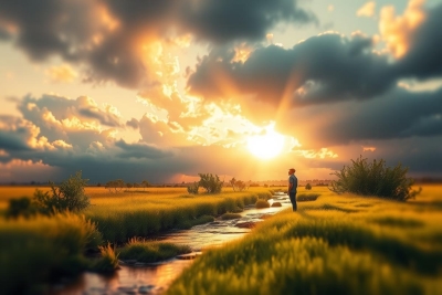 The image depicts a serene landscape at sunrise or sunset. The sky is filled with clouds that are tinted with hues of orange and yellow, suggesting the sun is rising or setting. Below the sky, there's an open grassy field that appears to be a prairie or meadow. A person stands in the foreground near the edge of a stream or small river, looking out towards the horizon where the light from the sun is shining brightly. The overall atmosphere of the image is peaceful and contemplative.