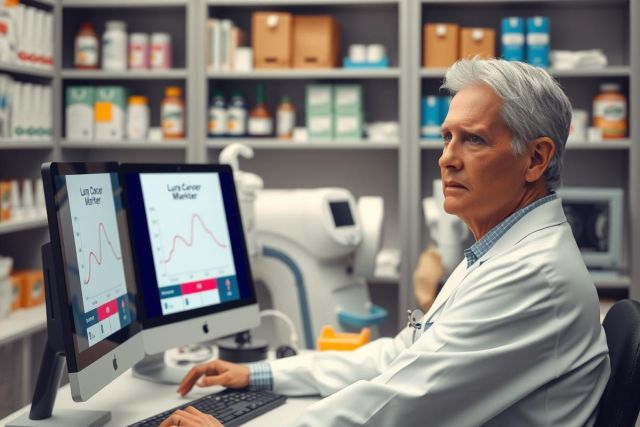 The image shows a man in a laboratory setting, wearing a white lab coat. He is standing and looking at screens displaying medical data on graphs. The environment includes various pieces of medical equipment and supplies scattered around him, indicating a professional and focused atmosphere.