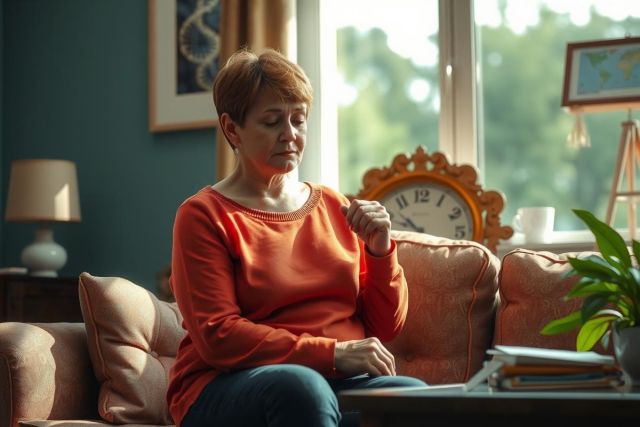 A woman in a warm orange sweater sits on a couch in a cozy living room. She is focused on a piece of paper or document, possibly deep in thought or reading.
