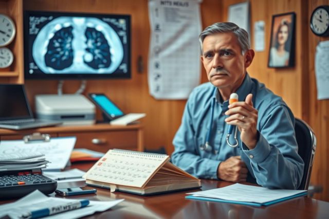 The image shows an older man sitting at a desk in what appears to be a medical or research environment. He is wearing a blue shirt and looks focused on something off-camera, possibly discussing the findings from an MRI scan displayed on a large monitor behind him. 