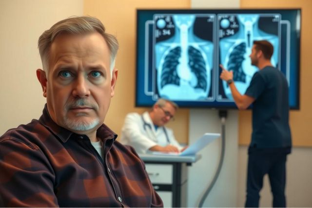A man with a beard sits at a desk observing another man and a nurse in a medical setting, possibly a hospital or clinic. The focus is on the man's face and his thoughtful expression as he watches two people examine images on a large screen displaying a CT scan of a patient's lungs. 