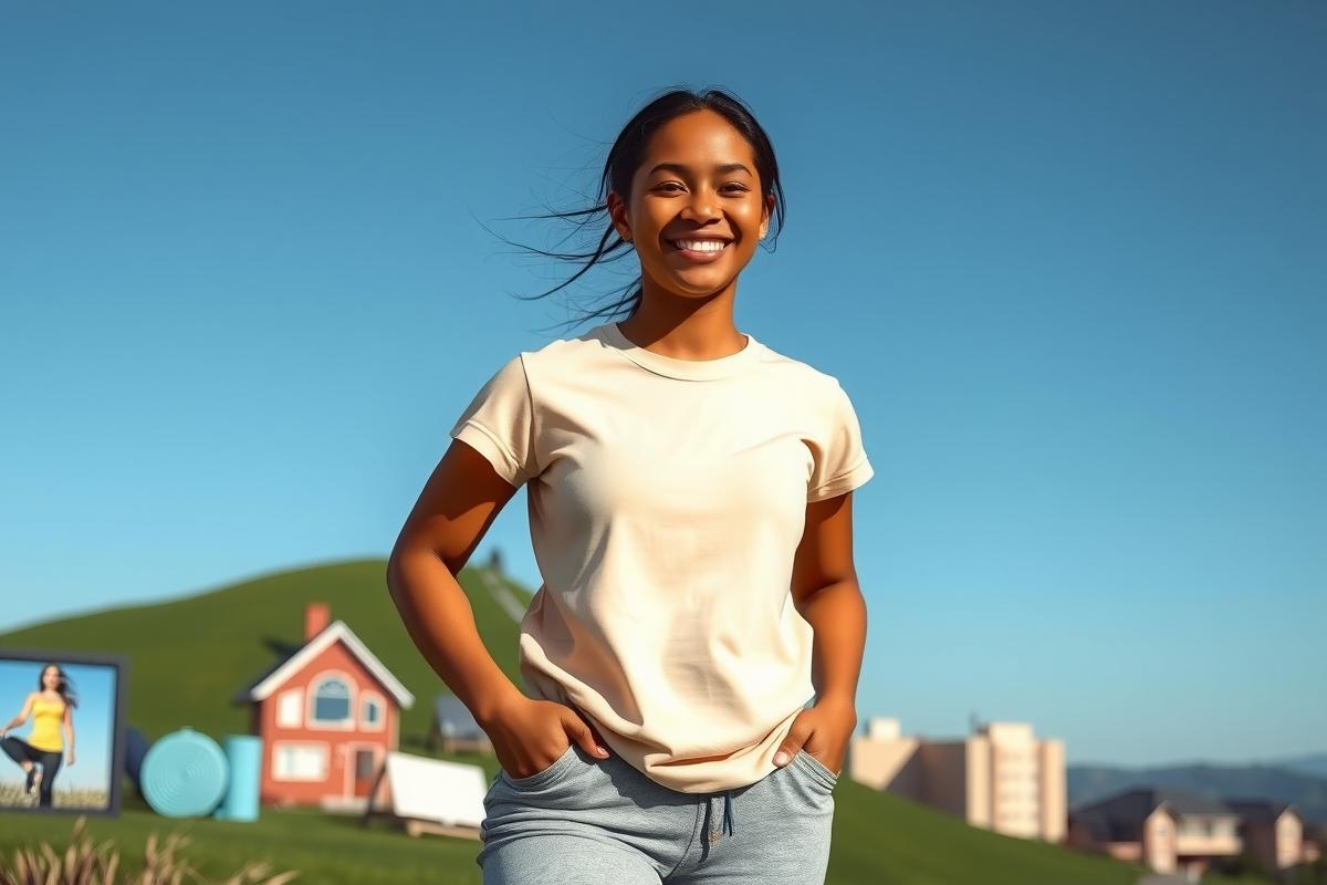 The image depicts a young woman smiling broadly towards the camera. She has short dark hair and is wearing a light-colored top with jeans. The background features a colorful, whimsical scene that includes buildings with unusual shapes, a blue sky, and a vibrant landscape that seems to be designed for children's entertainment.
