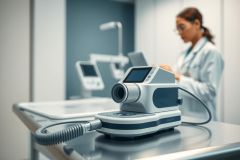Medical examination equipment on a white table in a modern clinic. A female doctor in a lab coat is blurred in the background. Grey and white tones dominate, highlighting healthcare technology and a professional medical environment. 