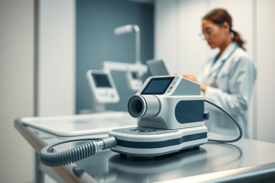 Medical examination equipment on a white table in a modern clinic. A female doctor in a lab coat is blurred in the background. Grey and white tones dominate, highlighting healthcare technology and a professional medical environment. 