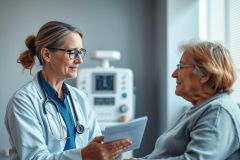 Doctor consults with a senior patient in a medical office. The image depicts a healthcare professional in a white coat reviewing a tablet with a smiling elderly woman. Gray walls and medical equipment create a clinical environment. Focus on patient care and wellness.