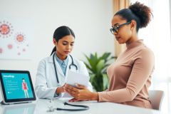 Doctor reviewing patient's medical records during consultation. Healthcare professional in a clinical setting, examining paperwork. Focus on medical assessment and patient care.