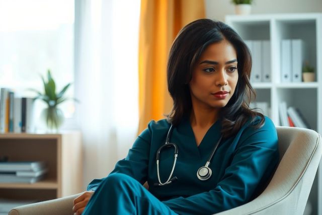 A healthcare professional in scrubs sits in a chair, holding a stethoscope. The image features a calming interior setting with natural light and a focus on wellness and medical care.