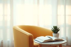 Cozy reading nook with a yellow chair, open book, and a potted plant. Bright, natural light fills the space, creating a peaceful and inviting atmosphere. Ideal for relaxation and creativity.