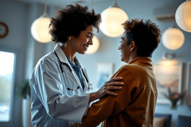 A doctor in a white coat interacts with a patient, displaying empathy and care. The setting appears to be a brightly lit office or clinic with a warm, welcoming atmosphere.