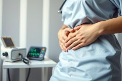 Pregnant woman in a medical gown holding her belly, with ultrasound equipment visible in the background. Healthcare, pregnancy, and prenatal care themes are present.