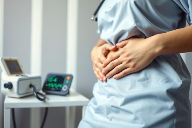 Pregnant woman in a medical gown holding her belly, with ultrasound equipment visible in the background. Healthcare, pregnancy, and prenatal care themes are present.
