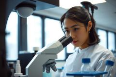 Female scientist examines a microscope in a laboratory setting. Wearing a white coat, she focuses on the equipment amidst blue bottles and scientific tools. Research, biology, and lab work are key themes.
