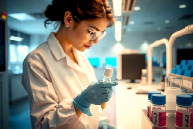 Scientist in lab coat and gloves examines test tubes in a modern laboratory setting. Focus on research, science, and analysis with bright lighting and a clean workspace.