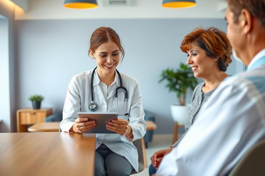 A female doctor in a white coat examines a patient using a tablet in a modern medical office. Warm lighting and a neutral color palette create a welcoming atmosphere. Focus on healthcare, consultation, and digital technology.