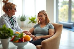 Doctor consults with patient in a bright, modern office. Healthcare checkup, discussion, wellness. Friendly atmosphere with natural light and plants.