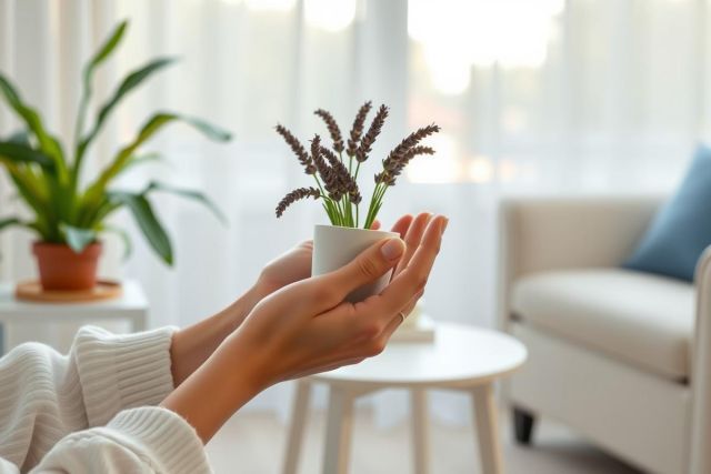 Close-up of hands holding a small potted plant with delicate flowers. The setting is a bright, modern living room with natural light and minimalist decor. Focus on textures and a peaceful atmosphere.