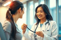 A female doctor in a white coat examines a patient. The healthcare professional holds a stethoscope, indicating a medical consultation in a bright, modern clinic setting. Focus on patient care and health services.