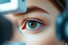 Close-up of a vibrant blue-green eye during an eye exam. A silver ophthalmic instrument is visible near the eye. Warm skin tones and soft lighting create a medical, healthcare context. Focus on vision and eye health.