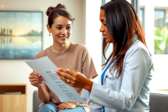Doctor discusses medical paperwork with a patient in a brightly lit office. Healthcare professional consults with client, showcasing a caring and supportive medical environment.