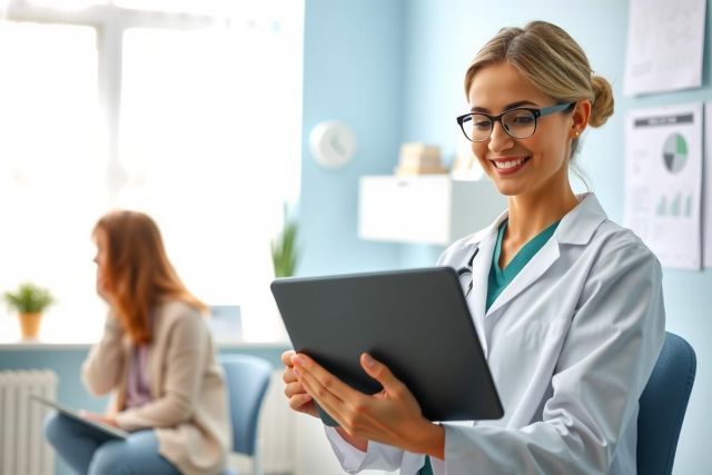 Female doctor in a white coat examines a tablet in a modern medical office. The scene features blue walls and a waiting area with patients. Healthcare professional, digital device, patient care, medical technology.